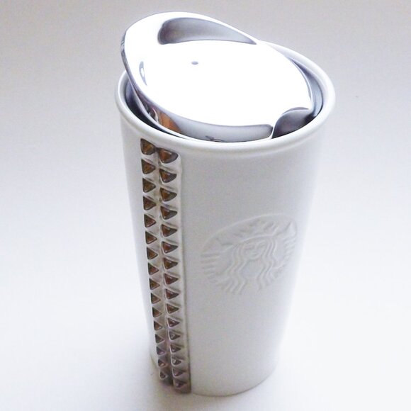 Starbucks 2014 White Ceramic Silver Studded Travel Coffee Mug With Lid 10oz - Picture 8 of 12